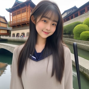 A beautiful Japanese teenage girl holding a smartphone, taking a selfie with a smile while riding a gondola in a unique water city with historic architecture, high quality, high resolution, detailed background, (beautiful face with intricate details:1.4), anatomically correct, (detailed expression), (fine-grained:1.2), teenage beauty, (highly detailed face:1.4), cute hair color, bob cut, ponytail, cute hairstyle, well-groomed eyebrows, doing something cute, school trip, cute JK uniform, gondola gracefully gliding under a stone bridge along the canal