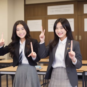 A confident smile, Two students demonstrating a gesture commonly associated with a peace sign while speaking by, slacks, Black Hair, indoor, in, skirt, shirt, ((((complete fiine fingers))))
