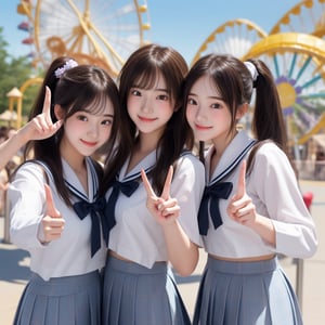 A confident smile, Two students demonstrating a gesture commonly associated with a peace sign while speaking at an amusement park, slacks, Black Hair, Taking a selfie with your smartphone, skirt, Cute hairstyles such as ponytails、Cute colored sailor uniform、, ((((complete fiでe fingers))))