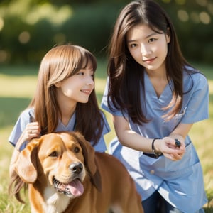 girl veterinarian with long light brown hair, with a dog