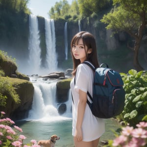 (best quality, masterpiece, cartoon style, 4k high resolution wallpaper), lovely girl with a backpack and her cute dog enjoy the view of a big waterfall, colorful flowers, illustration with facial features very detailed