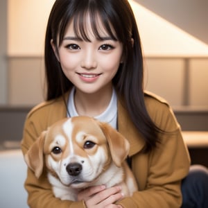 (Details of a very cute face), (Best Quality:1.4), 8K resolution, High resolution, 1girl, cute little girl, best cute, Super cute detailed face, Smooth skin, inely detailed beautiful eyes, Official portrait, Fine skin texture, Gloss on lips, Parted lips, Japanese, casual fashion, happy smile, wariza, Shiba Inu puppy, Holding a Shiba Inu puppy, Shiba Inu licks a girl's cheek