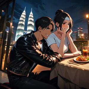 Orochiquillo, dark skin, couple, two people, man and woman, red eyes, ((black leather jacket with rolled up arms)), fingerless gloves, black hair, white T-shirt, ((white headband)), black pants, white shoes, brown belt, handsome, shot, charming, masterpiece, high resolution, detailed face, fine grain, night, cloudy sky, confident smiling, with lover, Petronas Twin Towers, Malaysia, dining on terrace, same clothes and hairstyle for both sexes, hands on head, toothy smile, sitting cross-legged