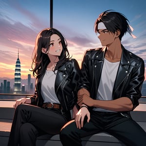 Orochiquillo, dark skin, couple, two people, man and woman, red eyes, ((black leather jacket with rolled up arms)), fingerless gloves, black hair, white t-shirt, ((white headband)), black pants, white shoes, brown belt, handsome, shot, charming, masterpiece, high resolution, detailed face, fine grain, evening, cloudy sky Confident smile, With lover, Petronas Twin Towers, Malaysia, Dining on terrace, Men and women wearing same hair and clothes and hairstyle, Holding hands, Toothy smile, Sitting cross-legged