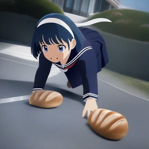 ((Best quality, 8K, Masterpiece:1.3)), anime style, 2D rendering, Japanese high school girl, bob cut, navy blue sailor uniform, running, eating bread, top-down view, realistic young anime schoolgirl, ((white headband)), (school background), hurried look, on the way to school
