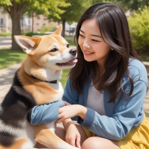 A charming girl playing with a young Shiba Inu, hyper-realistic, zip realism, detailed background, natural lighting, outdoor setting, playful and joyful atmosphere, detailed face and fur textures, vibrant colors