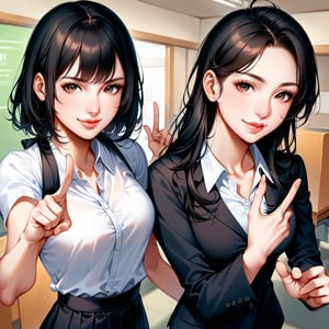 Two Japanese students with confident smiles, making a gesture commonly associated with a peace sign while a teacher is speaking in a classroom, wearing skirts, with black hair, indoors, holding smartphones, wearing shirts, ((((fully realistic fingers))))