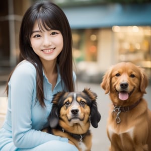 Create an anime-style portrait of a Japanese girl。Her hair is short and dark brown。The girl has a gentle smile。She looks loving、Holding a cute dog、It&#39;s a scene that evokes warmth and camaraderie.。Background、It should be a blend of warm and cool colors that complement the overall composition.。She is wearing a light blue dress with intricate details.、Gives an elegant impression。The overall atmosphere of the piece is bright and attractive.、Capture the girl&#39;s kind and friendly personality。