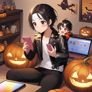 1girl, blush, smile, short hair, open mouth, shirt, black hair, red eyes, 1boy, sitting, closed mouth, jacket, white shirt, open clothes, pants, indoors, looking at another, open jacket, black jacket, headband, phone, black pants, cellphone, bottle, child, smartphone, halloween, holding phone, jack-o'-lantern, female child, pumpkin, computer, leather, laptop, leather jacket, white headband