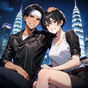 Orochiquillo, dark skin, couple, two people, man and woman, red eyes, ((black leather jacket with rolled up arms)), fingerless gloves, black hair, white T-shirt, ((white headband)), black pants, white shoes, brown belt, handsome, shot, charming, masterpiece, high resolution, detailed face, fine grain, night, cloudy sky, confident smiling, with lover, Petronas Twin Towers, Malaysia, dining on terrace, same clothes and hairstyle for both sexes, hands on head, toothy smile, sitting cross-legged