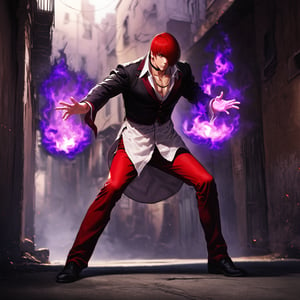 Score_9, score_8_up, score_7_up, score_6_up, 1boy, solo, fighting face, iori yagami, red hair, short hair, hair over one eye, red eyes, collarbone, (extra long white shirt), black jacket, red pants, chocker, black boots. 

Fighting stance, (big purple fire released widely from his open up palms:1.49), (dark purple fire element:1.5) burning brightly covered his outfits. 

Background is in front of alley behind a rundown tall apartment with rustic color theme with crescent moonlight in cloudy sky. 

RAW, Full body shoot, wide long shoot, side view, Extremely Realistic, ultra detail,fire element,composed of fire elements