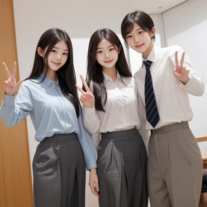 Two Japanese students with confident smiles, demonstrating a gesture commonly associated with a peace sign while speaking, wearing slacks and skirts, black hair, indoors, wearing shirts, ((((complete fine fingers))))