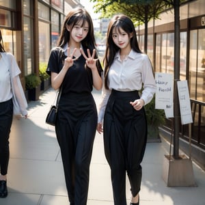 ((Best quality, 8K, Masterpiece:1.3)), two students, confident smiles, talking, using peace sign gestures, black hair, in city shopping area, slacks, skirt, shirts, highly detailed faces, highly detailed fingers
