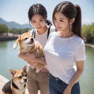 (Girl taking a walk with a puppy:1.3),(Shiba dog:1.3),Have a lead,Crystal clear water flows,beautiful mountain in background々,Very Big White T-Shirt,Cargo pants, gently smiling、(beautiful a girl)、(short hair of red-brown color、hair pin、poneyTail、Floating hair、)Colossal tits、A smile that beguiles the viewer、Look into the photographer、skin glistening with sweat、gazing at viewer,pointed red mouth,Perfect round face,,Proper body proportion,Intricate details,Very delicate and beautiful hair,photos realistic,Dreamy,Professional Lighting,realistic shadow,Beautiful hands,Beautiful fingers,Detailed finger features,Detailed arm functions,detailed clothes features,Detailed hair features,detailed facial features,(masutepiece,top-quality,Ultra-high resolution output image,) ,(The 8k quality,),(Image Mode Ultra HD,)
