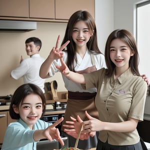 ((Best quality, 8K, Masterpiece:1.3)), young man and woman, confident smiles, in kitchen with large windows, having fun, making Japanese food, smiling children, talking, peace sign gestures, short black hair, brown eyes, brown skin, students, shirts and skirts, indoor, highly detailed faces, highly detailed fingers
