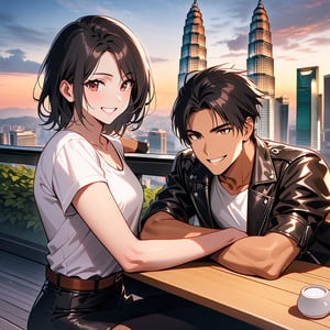 Orochiquillo, dark skin, couple, two people, man and woman, red eyes, ((black leather jacket with rolled up arms)), fingerless gloves, black hair, white T-shirt, ((white potholder)), black pants, white shoes, brown belt, handsome, shot, charming, masterpiece, high resolution, detailed face, fine grain, evening, cloudy sky, confident Full smile, With lover, Petronas Twin Towers, Malaysia, Dining on terrace, Same hair and clothes/hair style for both men and women, Hand on shoulder, Toothy smile, Sitting cross-legged