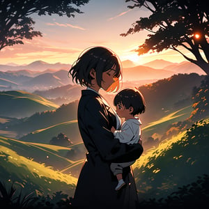 Soft focus captures the tender moment: a young woman with dark skin, short hair, and striking features cradles a child in her arms amidst the serene Japanese countryside. Her black jacket and white T-shirt blend seamlessly with the tranquil landscape. The loose, wavy texture of her shorthair adds depth to the scene. Framed by lush greenery, she stands out against the gentle hills and distant mountains, the warmth of the setting sun casting a golden glow on the duo.