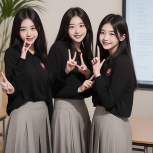 A confident smile, Two students demonstrating a gesture commonly associated with a peace sign while speaking by, slacks, Black Hair, indoor, in, skirt, shirt, ((((complete fiine fingers))))
