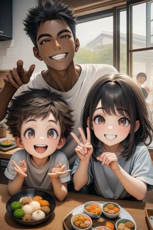 ((Best quality, 8K, Masterpiece:1.3)), young man and woman, confident smiles, in kitchen with large windows, having fun, making Japanese food, smiling children, talking, peace sign gestures, short black hair, brown eyes, brown skin, students, shirts and skirts, indoor, highly detailed faces, highly detailed fingers