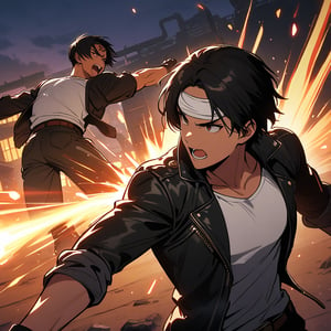 Masterpiece, Two People, Man-Woman Fist Fight, One on One, Best Quality, 8K, Fighting Pose, Fight: 1. 5,(Kyo Kusanagi), Man has dark skin, dark hair, red eyes, alone, ((white headband on forehead)), Two Shot, ((black riders jacket with rolled up arms)), fingerless gloves, black hair (white T-shirt), white T-shirt black pants, white shoes, brown belt, boyish, handsome, shot, charming, masterpiece, high quality, fine face, grainy, night, confident angry face, man and woman fighting against background of iron pipe factory, loud cheers, same hair, same hair and clothes, angry face: 1. attack speed 5,. Quick attack, angry face , angry face