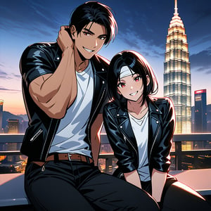 Orochiquillo, dark skin, couple, two people, man and woman, red eyes, ((black leather jacket with rolled up arms)), fingerless gloves, black hair, white T-shirt, ((white headband)), black pants, white shoes, brown belt, handsome, shot, charming, masterpiece, high resolution, detailed face, fine grain, night, cloudy sky, confident smiling, with lover, Petronas Twin Towers, Malaysia, dining on terrace, same clothes and hairstyle for both sexes, hands on head, toothy smile, sitting cross-legged