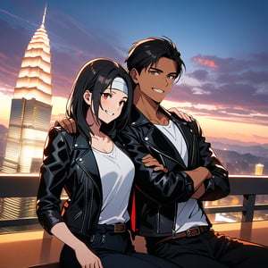 Orochiquillo, dark skin, couple, two people, man and woman, red eyes, ((black leather jacket with rolled up arms)), fingerless gloves, black hair, white t-shirt, ((white headband)), black pants, white shoes, brown belt, handsome, shot, charming, masterpiece, high resolution, detailed face, fine grain, evening, cloudy sky Confident smile, With lover, Petronas Twin Towers, Malaysia, Dining on terrace, Same hair and clothes and hairstyle for both men and women, Hands on shoulders, Toothy smile, Sitting cross-legged