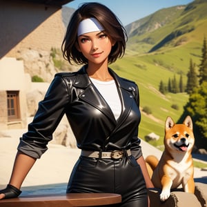 Short cut, dark hair, dark skin, red eyes, (girl walking with puppy:1.3), (Shiba Inu:1.3), holding leash, clear running water, beautiful mountains in background, ((black jacket with rolled up sleeves)), fingerless gloves, white T-shirt, ((white headband)), black pants, white shoes,. Wear a brown belt. Gently smiling, (beautiful girl), captivating smile, take a peek at the photographer, skin glistening with sweat, staring at the viewer, pointed red mouth, perfect round face,,proper body balance, intricate details, very delicate and beautiful hair, photo realistic, dreamy, professional lighting, realistic shadows, beautiful hands,. beautiful fingers,detailed finger features,detailed arm features,detailed clothing features,detailed hair features,detailed facial features,(tabletop,highest quality,ultra high resolution output image,),(8K quality,),(image mode Ultra HD,)