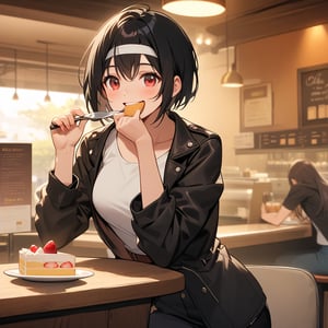 High resolution, high definition, woman eating cake, coffee shop, happy expression, she is wearing ((black jacket with rolled up sleeves)), fingerless gloves, white T-shirt, ((white headband)), black long pants, white shoes, brown belt, black hair, short cut, red eyes