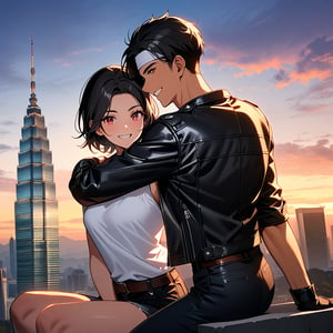 Orochiquillo, dark skin, couple, two people, man and woman, red eyes, ((black leather jacket with rolled up arms)), fingerless gloves, black hair, white t-shirt, ((white headband)), black pants, white shoes, brown belt, handsome, shot, charming, masterpiece, high resolution, detailed face, fine grain, evening, cloudy sky Confident smile, With lover, Petronas Twin Towers, Malaysia, Dining on terrace, Same hair and clothes and hairstyle for both men and women, Hands on shoulders, Toothy smile, Sitting cross-legged