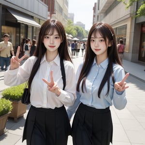 ((Best quality, 8K, Masterpiece:1.3)), two students, confident smiles, talking, using peace sign gestures, black hair, in city shopping area, slacks, skirt, shirts, highly detailed faces, highly detailed fingers
