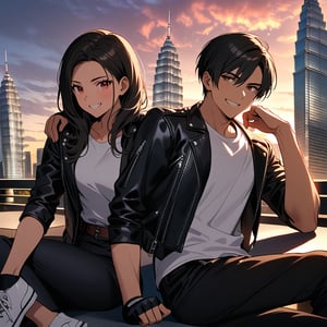 Orochiquillo, dark skin, couple, two people, man and woman, red eyes, ((black leather jacket with rolled up arms)), fingerless gloves, black hair, white T-shirt, ((white potholder)), black pants, white shoes, brown belt, handsome, shot, charming, masterpiece, high resolution, detailed face, fine grain, evening, cloudy sky, confident Full smile, With lover, Petronas Twin Towers, Malaysia, Dining on terrace, Same hair and clothes/hair style for both men and women, Hand on shoulder, Toothy smile, Sitting cross-legged