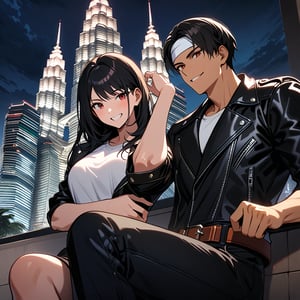 Orochiquillo, dark skin, couple, two people, man and woman, red eyes, ((black leather jacket with rolled up arms)), fingerless gloves, black hair, white T-shirt, ((white headband)), black pants, white shoes, brown belt, handsome, shot, charming, masterpiece, high resolution, detailed face, fine grain, night, cloudy sky, confident smiling, with lover, Petronas Twin Towers, Malaysia, dining on terrace, same clothes and hairstyle for both sexes, hands on head, toothy smile, sitting cross-legged