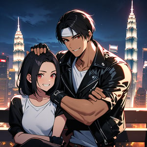 Orochiquillo, dark skin, couple, two people, man and woman, red eyes, ((black leather jacket with rolled up arms)), fingerless gloves, black hair, white T-shirt, ((white headband)), black pants, white shoes, brown belt, handsome, shot, charming, masterpiece, high resolution, detailed face, fine grain, night, cloudy sky, confident smiling, with lover, Petronas Twin Towers, Malaysia, dining on terrace, same clothes and hairstyle for both sexes, hands on head, toothy smile, sitting cross-legged