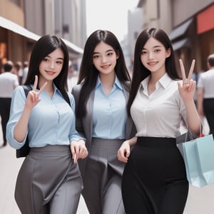 ((Best quality, 8K, Masterpiece:1.3)), two students, confident smiles, talking, making peace sign gestures, black hair, city shopping street background, slacks, skirt, shirts, highly detailed faces, highly detailed fingers

