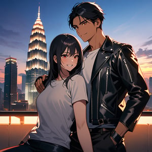 Orochiquillo, dark skin, couple, two people, man and woman, red eyes, ((black leather jacket with rolled up arms)), fingerless gloves, black hair, white T-shirt, ((white potholder)), black pants, white shoes, brown belt, handsome, shot, charming, masterpiece, high resolution, detailed face, fine grain, evening, cloudy sky, confident Full smile, With lover, Petronas Twin Towers, Malaysia, Dining on terrace, Same hair and clothes/hair style for both men and women, Hand on shoulder, Toothy smile, Sitting cross-legged