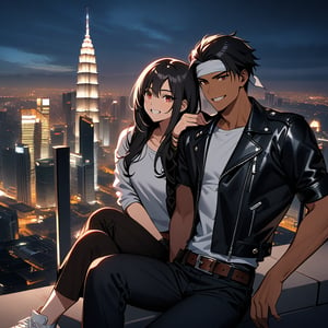 Orochiquillo, dark skin, couple, two people, man and woman, red eyes, ((black leather jacket with rolled up arms)), fingerless gloves, black hair, white T-shirt, ((white headband)), black pants, white shoes, brown belt, handsome, shot, charming, masterpiece, high resolution, detailed face, fine grain, night, cloudy sky, confident smiling, with lover, Petronas Twin Towers, Malaysia, dining on terrace, same clothes and hairstyle for both sexes, hands on head, toothy smile, sitting cross-legged