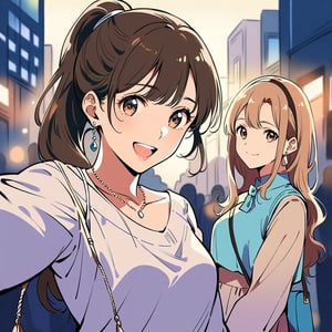 A detailed and high-resolution masterpiece of a city background with skyscrapers at night, in the style of a Sargent watercolor and anime art, featuring a profile view of a beautiful woman with a gentle smile. She has medium short dark brown braided hair, wears a suit jacket and a long-sleeve top. Three young women with light brown hair and casual clothes, laughing together in dynamic poses, elegant update with a short bob. Bright colors, bokeh, professional lighting, physically-based rendering, flat color:0.8, Makoto Shinkai style, delicate and highly detailed illustration, realistic:1.37, masterpiece:1.2, breaking through the blue sky, detailed background, 20-year-old woman with a shy smile, teeth clenching, lips, cheeks (dark brown hair), front bangs, cheeks (direction), wearing a necklace and earrings, taking a selfie, full-body, brown braided hair, hairband, long hair, ponytail, medium short, wearing a necklace, barrette, ribbon, earrings, manicure, shoulder bag.