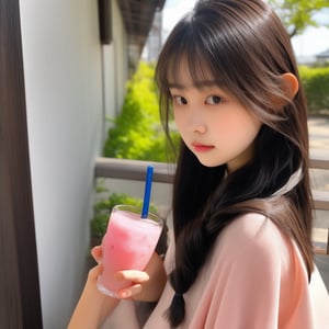 A cute and beautiful young girl with a cute beautiful face, an ulzzang style, holding a pink drink and wearing a backpack among a group of about 50 people, young and cute girl, Korean girl, young and adorable Korean face, cute realistic portrait, beautiful young Korean woman, beautiful Japanese girl's face, portrait of a Japanese teenager, gorgeous young Korean woman, neat hairstyle with bangs