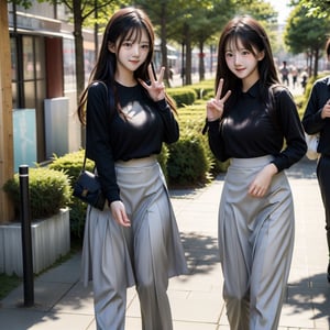 ((Best quality, 8K, Masterpiece:1.3)), two students, confident smiles, talking, making peace sign gestures, black hair, in city shopping street, wearing slacks and skirt, shirts, highly detailed face and skin texture, highly detailed fingers
