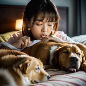 8K、Top image quality、​masterpiece、An 18-year-old woman、Sleeping in bed side by side with a dog、Orange lace underwear、(Shiba dog、The dog licks her face:1.2)、Cinematic lighting