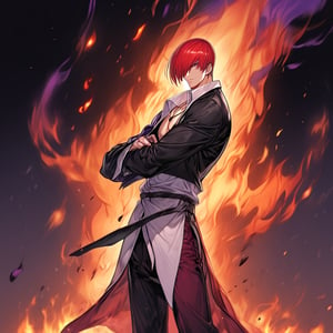 Score_9, score_8_up, score_7_up, score_6_up, 1boy, solo, fighting face, iori yagami, red hair, short hair, hair over one eye, red eyes, collarbone, (extra long white shirt), black jacket, red pants, chocker, black boots. 

Fighting stance, (big purple fire released widely from his open up palms:1.49), (dark purple fire element:1.5) burning brightly covered his outfits. 

Background is in front of alley behind a rundown tall apartment with rustic color theme with crescent moonlight in cloudy sky. 

RAW, Full body shoot, wide long shoot, side view, Extremely Realistic, ultra detail,fire element,composed of fire elements