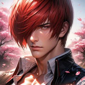 absurdres, highres, ultra detailed, HDR, master piece, best quality, extremely detailed face and eyes, realistic face, Iori Yagami, red hair, short hair, hair over the right eye, expressive brown eyes, The King Of Fighters, black vest, white shirt, black collar, solo, sexy man, handsome, pink flowers, blossoms, spring