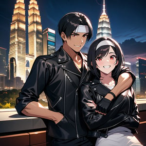 Orochiquillo, dark skin, couple, two people, man and woman, red eyes, ((black leather jacket with rolled up arms)), fingerless gloves, black hair, white T-shirt, ((white headband)), black pants, white shoes, brown belt, handsome, shot, charming, masterpiece, high resolution, detailed face, fine grain, night, cloudy sky, confident smiling, with lover, Petronas Twin Towers, Malaysia, dining on terrace, same clothes and hairstyle for both sexes, hands on head, toothy smile, sitting cross-legged