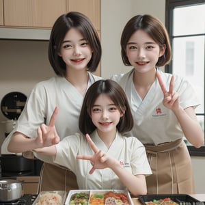 ((Best quality, 8K, Masterpiece:1.3)), young man and woman, confident smiles, in kitchen with large windows, having fun, making Japanese food, smiling children, talking, peace sign gestures, short black hair, brown eyes, brown skin, students, shirts and skirts, indoor, highly detailed faces, highly detailed fingers
