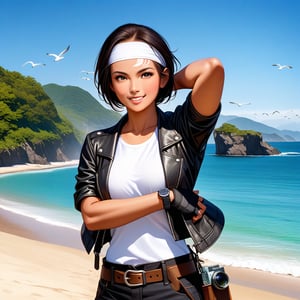 Beautiful Japanese girl, fine smooth dark skin, well-groomed face, black shorthair, smiling, ((black jacket with rolled-up arms)), fingerless gloves, white T-shirt, (white headband on forehead), black pants, white shoes, brown belt, cool watch. Posing on beach with camera, under blue sky, background of big ocean waves, fishermen, seagulls flying. clear blue sky, very beautiful, mountains and waterfall, and beautiful flowers, realistic, like original photo