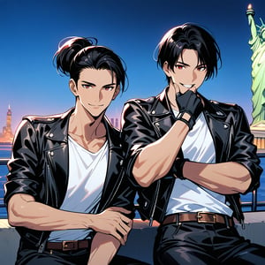 Orochkijo, dark skin, couple, two people, man and woman, red eyes, ((black leather jacket with rolled up arms)), fingerless gloves, black hair, white T-shirt, ((white bowler)), black pants, white shoes, brown belt, handsome, shot, charming, masterpiece, high resolution, fine face, fine grain, night, blue sky, confident Smiling, With lover, Statue of Liberty in background, USA, Sitting on terrace, Both man and woman wearing same clothes and hairstyle, Hand on chin, Toothy smile, Looking at viewer