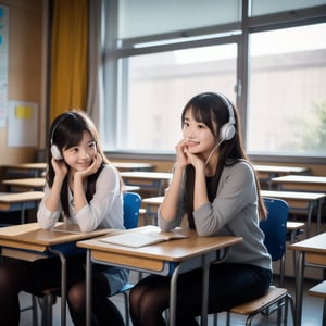 There is a boy and a girl in the classroom at night,They are campus lovers: A boy and a girl,The girl turns around and teaches the boy how to do questions,girl sitting next to boy&#39;Front table,Strong sense of atmosphere,Sense of light and shadow,high school senior,modern day,Both people are sitting in their seats,There was no one else in the classroom。The boy is handsome and sunny,The girl is beautiful。Both of them showed their faces。Girls are very cold,with headphones on,face expressionless,Hold your chin,Boy smiling and looking at girl。There are only two of them in the picture,No one else appears。Pictures should be ultra high definition。