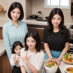 A confident smiling woman with short black hair, brown eyes, and brown skin in a home kitchen with large windows, smiling children and their mother, two students making a peace sign-like gesture while talking (teleporting from a restaurant), wearing a skirt, black hair, indoors, making Japanese food, wearing a shirt, ((((fully realistic fingers))))