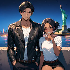 Orochkijo, dark skin, couple, two people, man and woman, red eyes, ((black leather jacket with rolled up arms)), fingerless gloves, black hair, white T-shirt, ((white bowler)), black pants, white shoes, brown belt, handsome, shot, charming, masterpiece, high resolution, fine face, fine grain, night, blue sky, confident Smiling, With lover, Statue of Liberty in background, USA, Sitting on terrace, Both man and woman wearing same clothes and hairstyle, Hand on chin, Toothy smile, Looking at Statue of Liberty