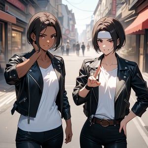 ((Best Picture Quality, 8K, Masterpiece:1.3)), two young women, confident smile, talking, gesture using peace sign, short cut, dark hair, dark skin, red eyes, shopping street, ((black leather jacket with arms rolled up)), fingerless gloves, white T-shirt, ((white headband)), black slacks, white shoes and brown belt, detailed face, detailed fingers band)), black slacks, white shoes and brown belt, detailed face, detailed fingers